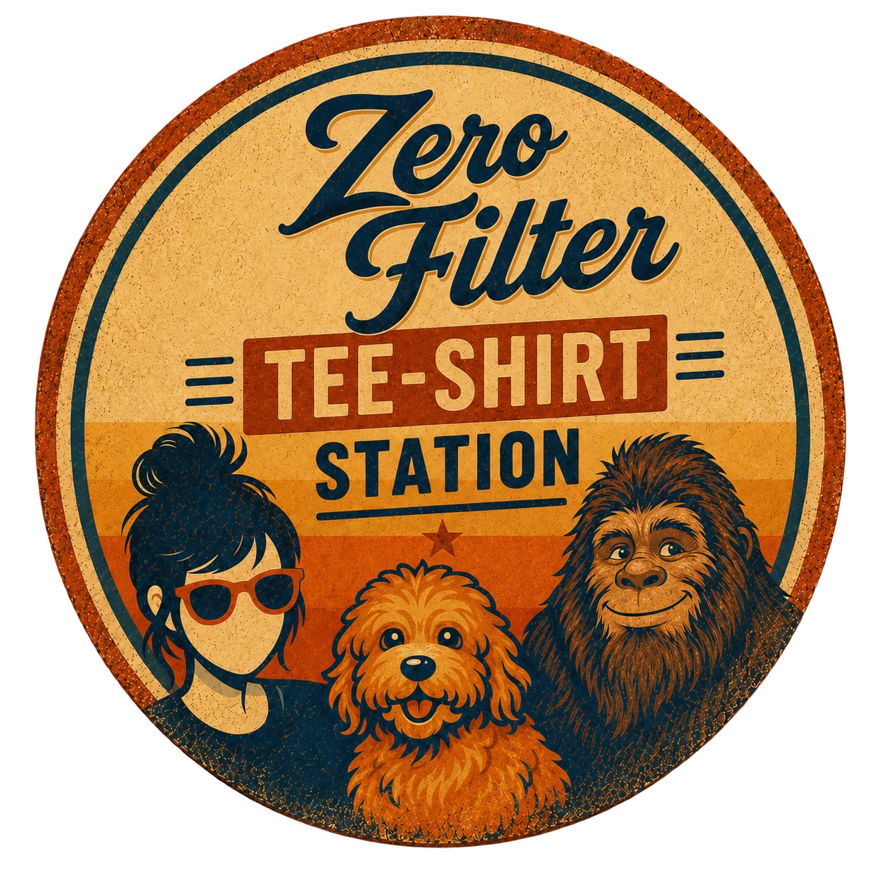 Zero Filter Tee-Shirt Station logo with a woman, dog, and Bigfoot